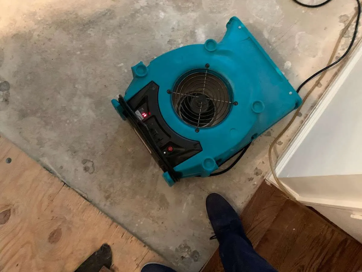 Air mover drying subfloor during Commercial Water Damage Restoration in Teaneck